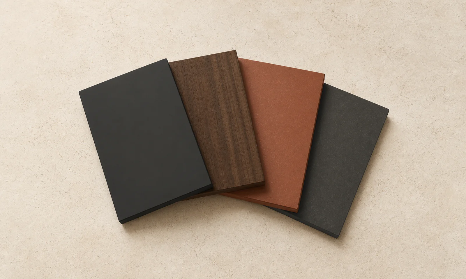 Four Deep pack chips — Ink, Nogal walnut, Deep clay, and Charcoal