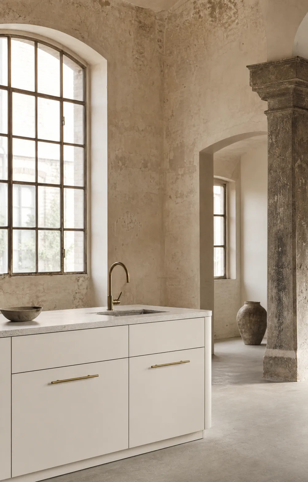 Velora concept with Caliza matte fronts, slim brass pulls, a stone worktop, and a tall arched workshop window