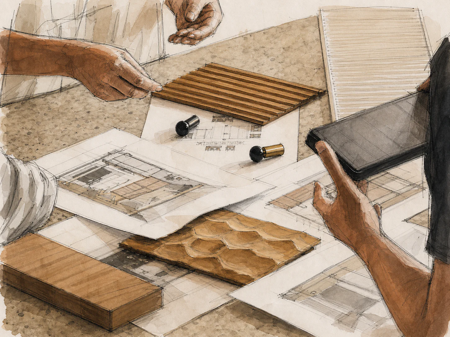 Velora collaboration sketch with room plans, wood fronts, tactile samples, and hardware decisions on one table