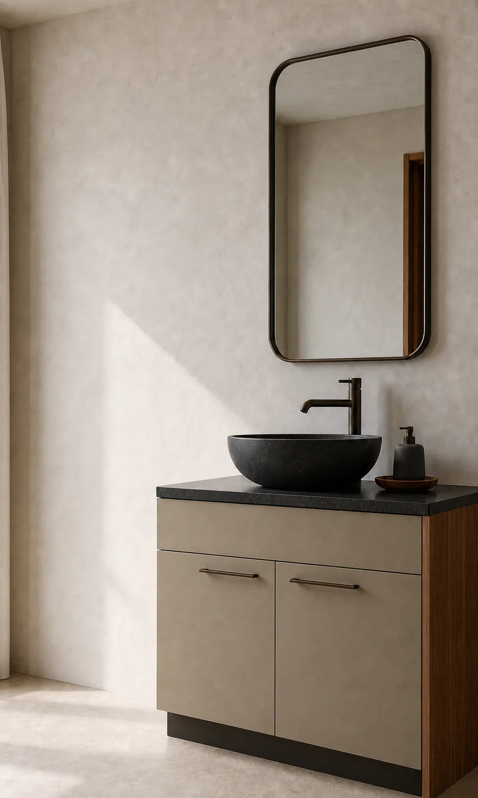 Velora bathroom concept — khaki vanity grounded by a recessed dark plinth