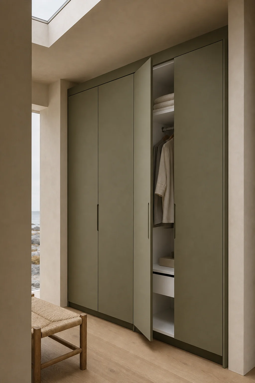 Velora concept — Lino Olive wardrobe with one door open to reveal the PAX interior