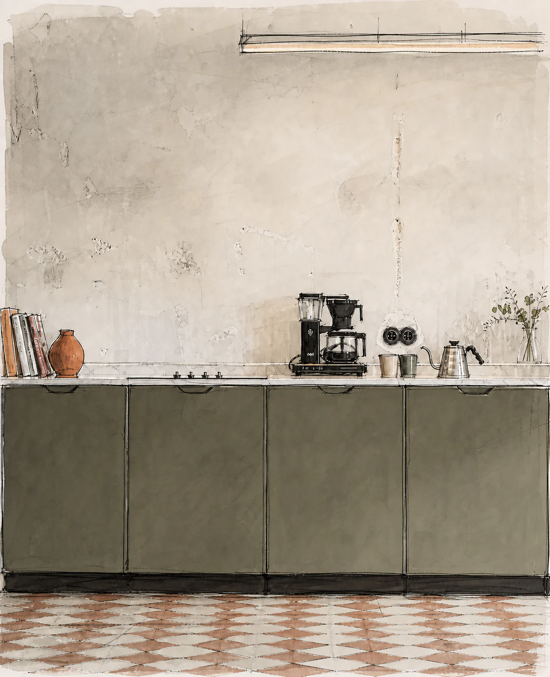 Velora architectural sketch of a straight olive cabinet run with coffee equipment, plaster wall, and patterned floor