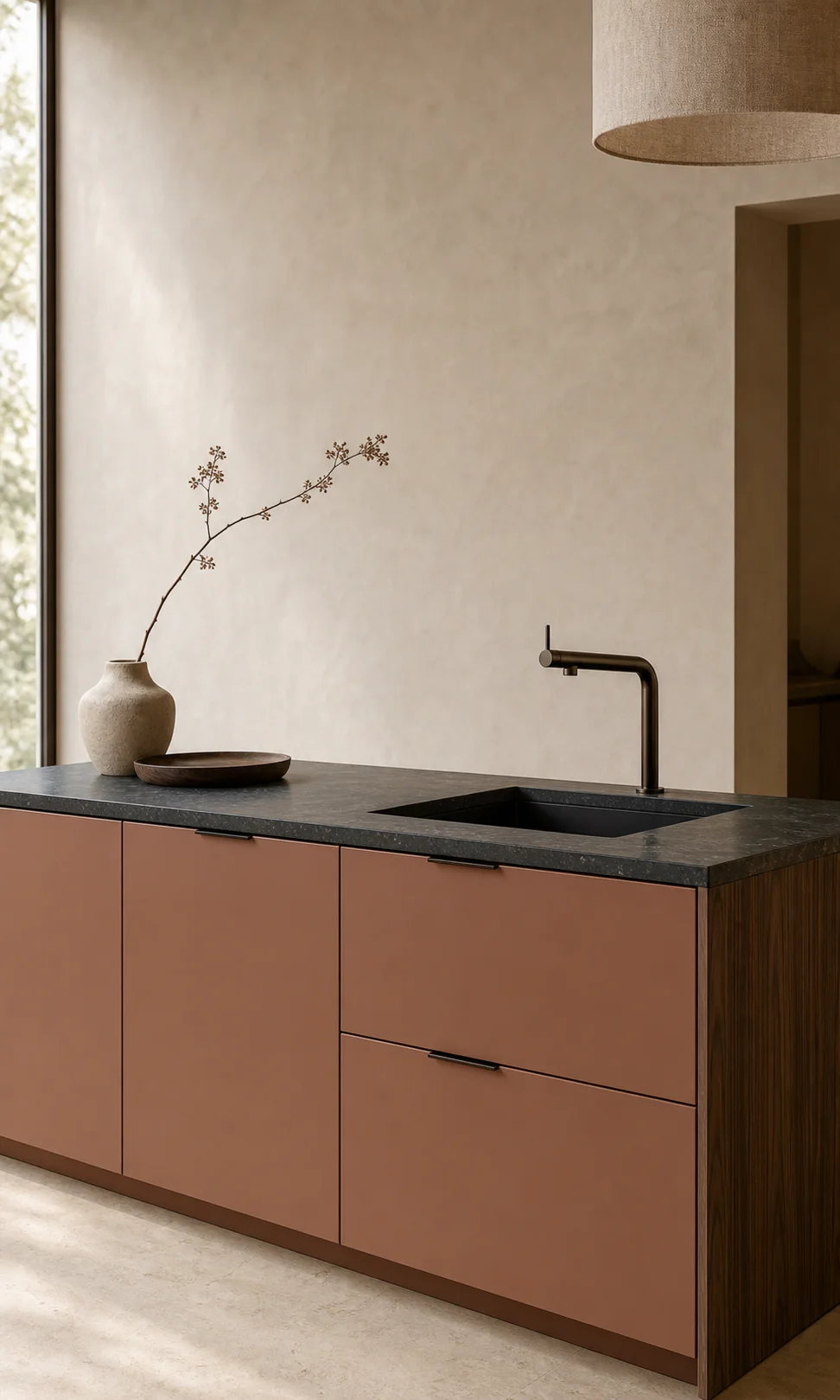 Velora concept with deep clay matte fronts, a dark stone sink and worktop, walnut side panel, and warm architectural light