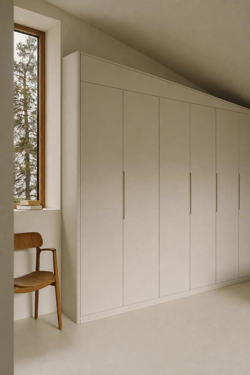 Velora concept — PAX-based Seda Chalk wardrobe with six doors, integrated pulls, and a scribed panel beneath a sloped ceiling