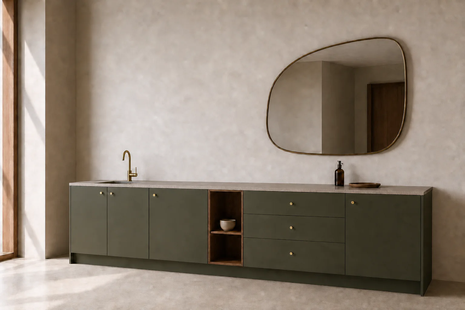 Wide Velora concept with muted olive fronts, walnut open module, brass faucet, pale stone top, and rounded mirror