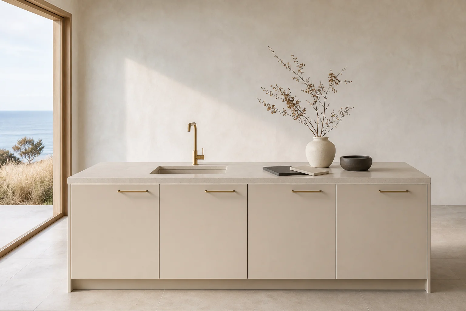 Velora concept with Seda Sand matte island fronts, coordinated quartz, aged-brass pulls, and a coastal view