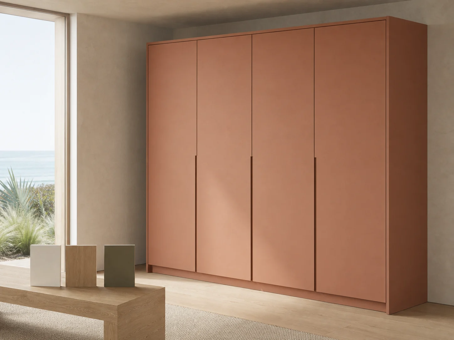 Velora concept — Seda Terracotta PAX wardrobe beside Seda Chalk, Veta Miel, and Lino Olive material samples