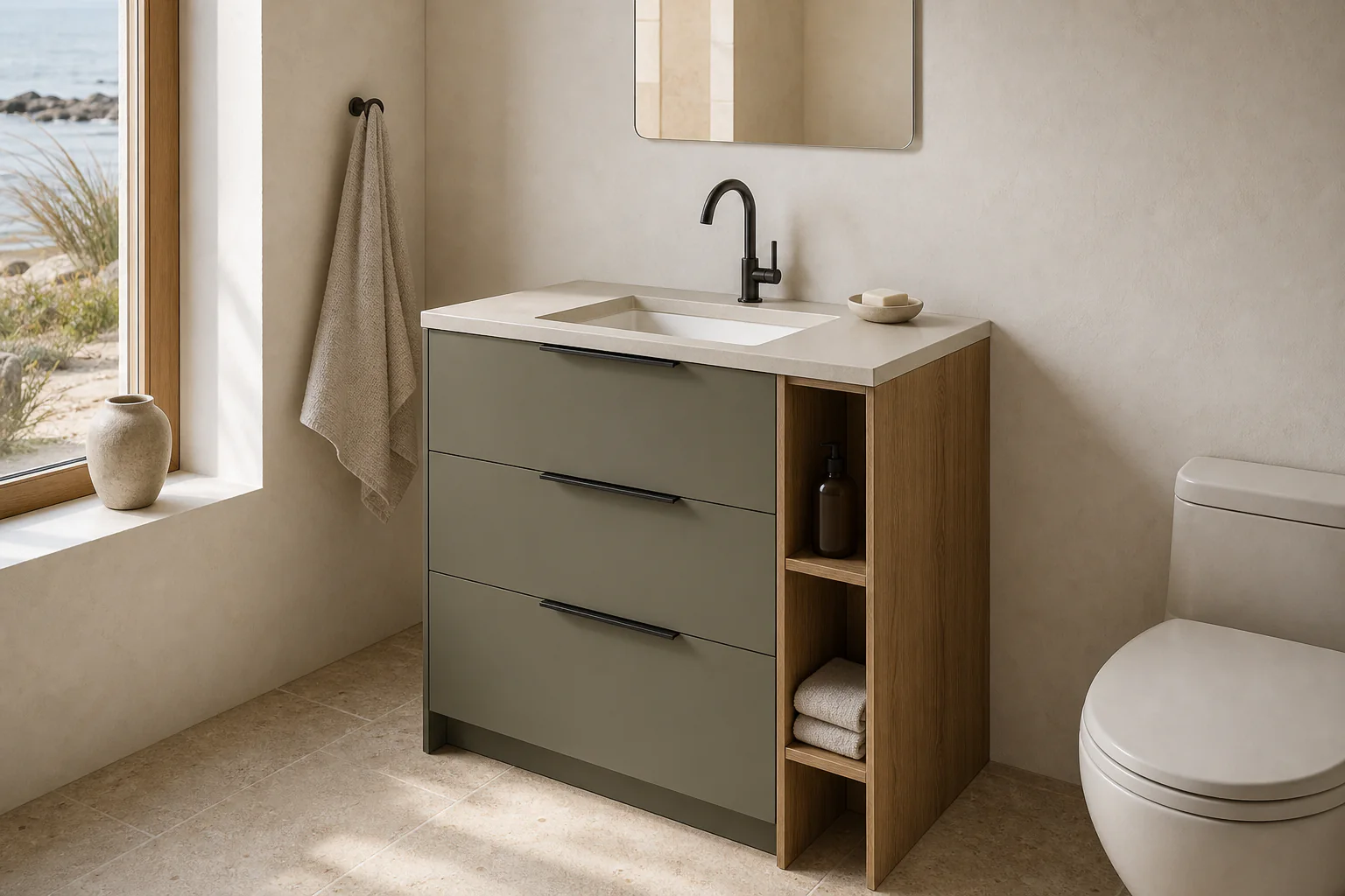 Velora bathroom concept showing a compact vanity, undermount basin, drawer fronts, side cubby, countertop, and hardware together