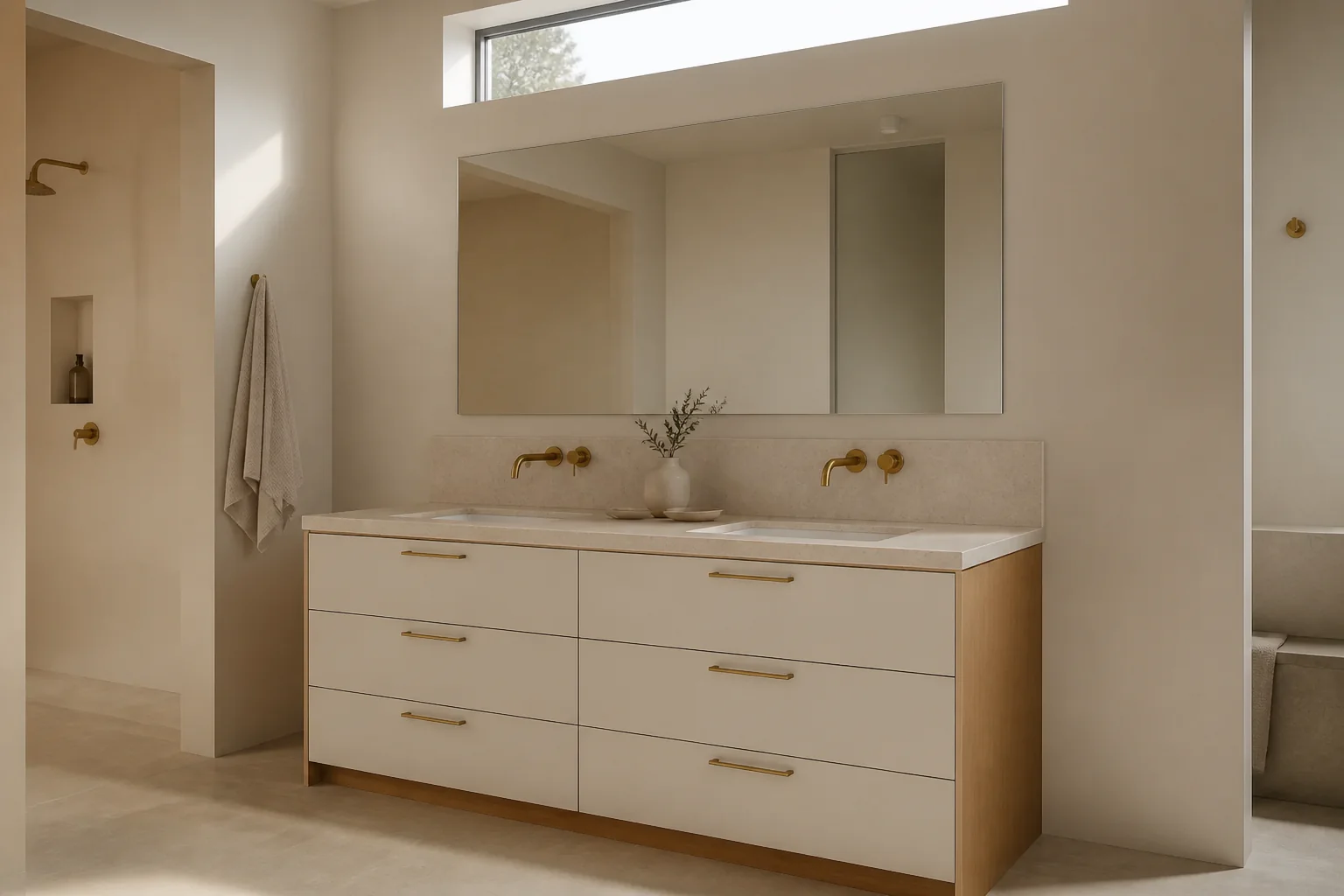 Velora bathroom concept with Seda Chalk double-vanity fronts, Veta Miel side panels, pale quartz, and aged-brass fixtures