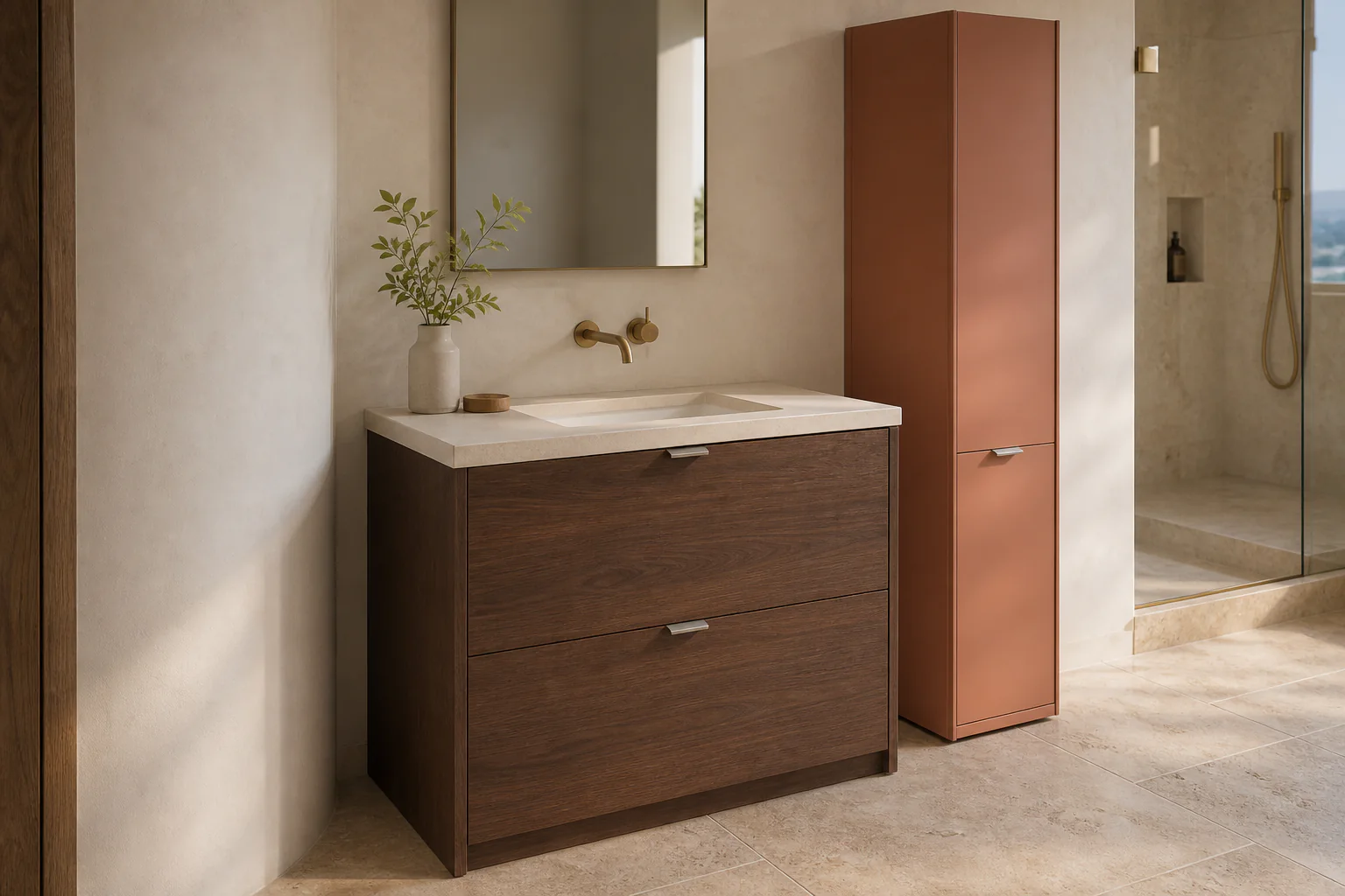 Velora bathroom concept with Veta Nogal vanity fronts, a Seda Terracotta linen tower, and an integrated basin