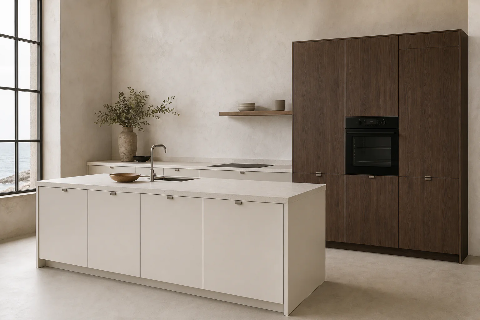 Velora kitchen concept with an integrated oven in a Veta Nogal pantry wall and a Seda Chalk island