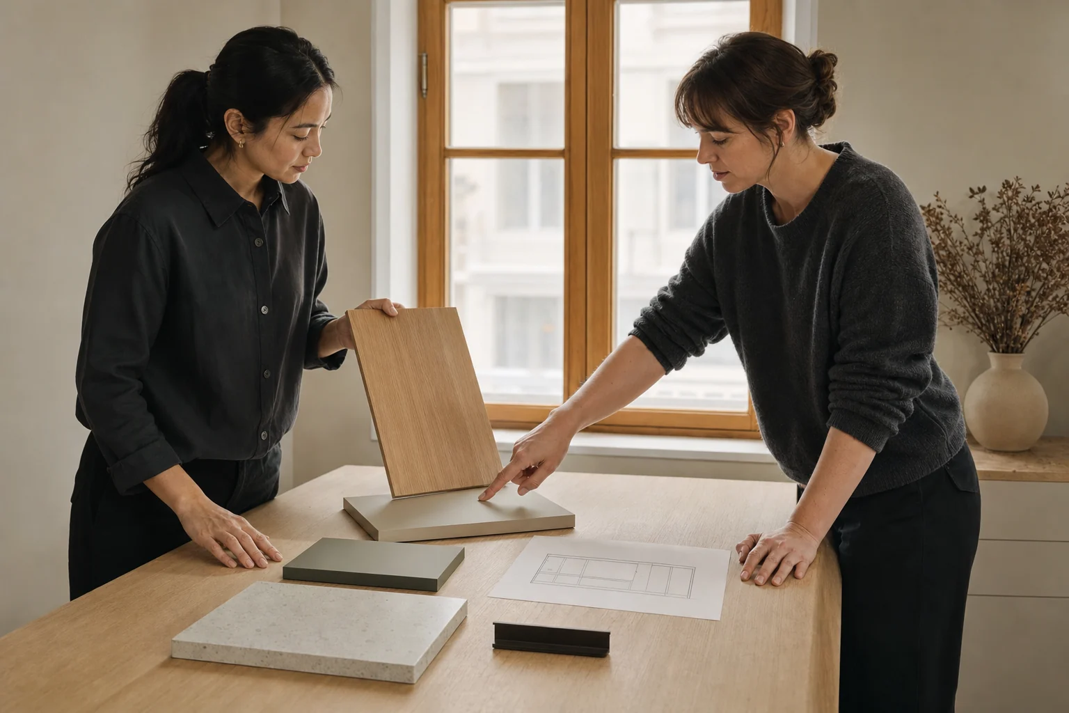 Two Velora designers reviewing Veta Miel, Seda Sand, Lino Olive, quartz, and dark bronze hardware at a worktable