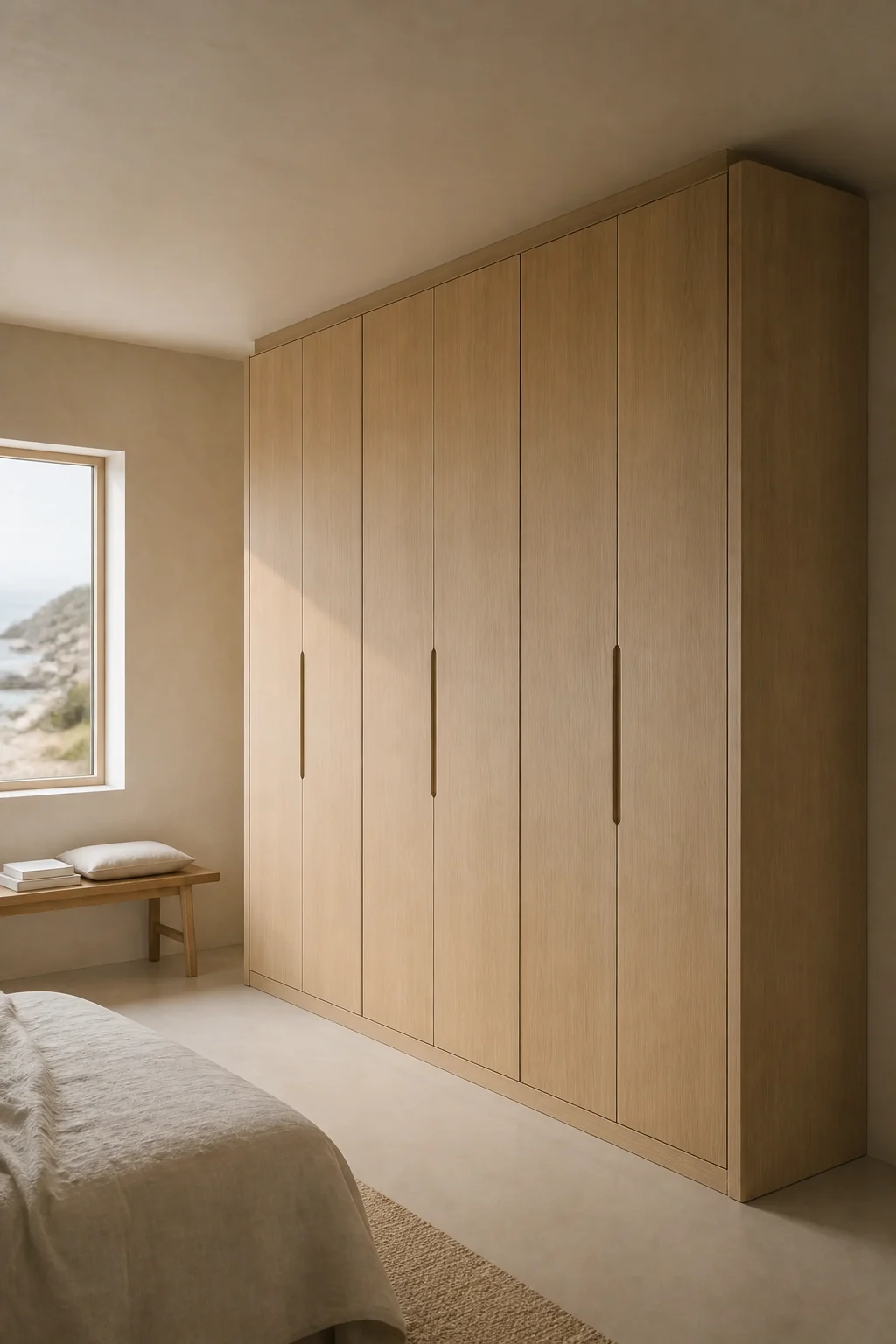 Velora concept — Veta Miel wardrobe with six matched-grain doors on three PAX-scale modules
