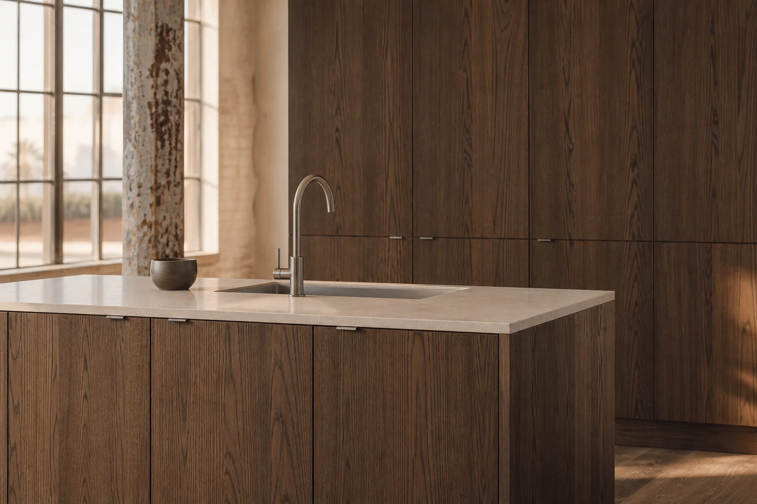 Velora concept with matched Veta Nogal grain across a SEKTION island and tall wall beneath warm off-white quartz
