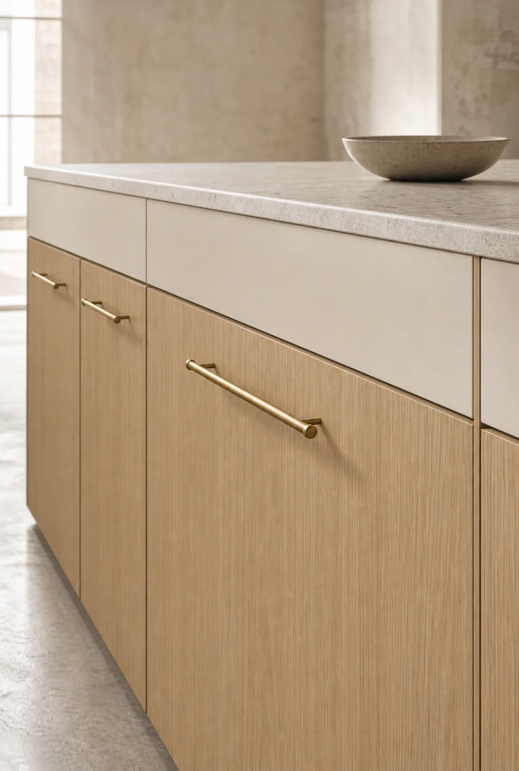 Close Velora concept study of pale oak fronts, continuous vertical grain, slim brass pulls, and a pale stone edge