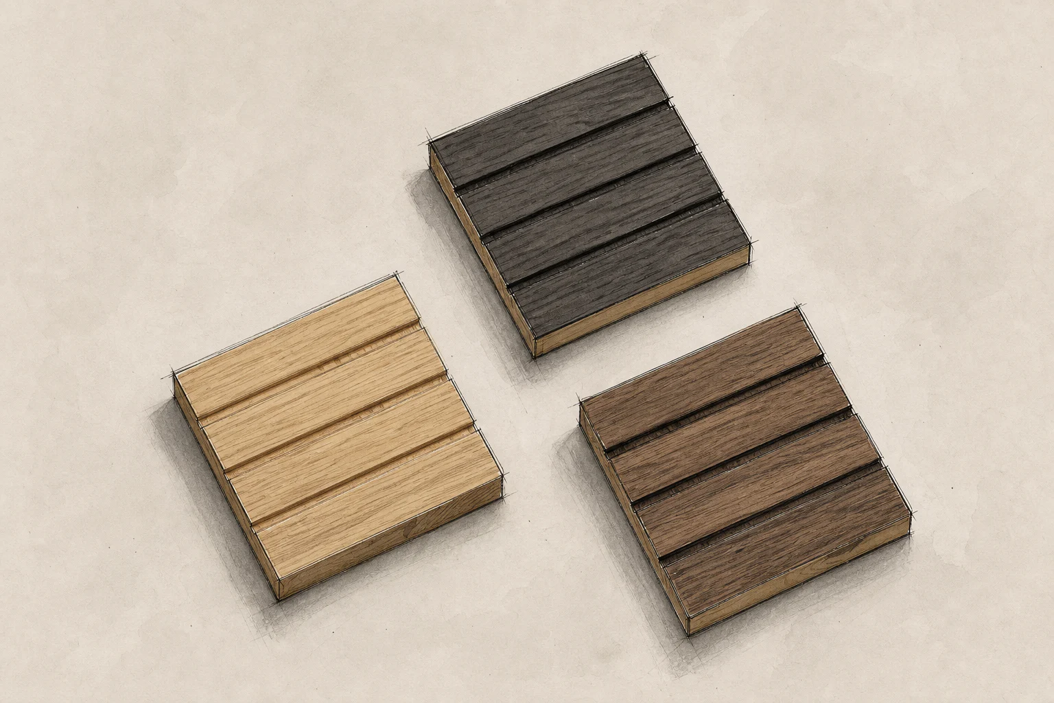 Velora concept sketch of three grooved wood samples in light, medium, and dark tones