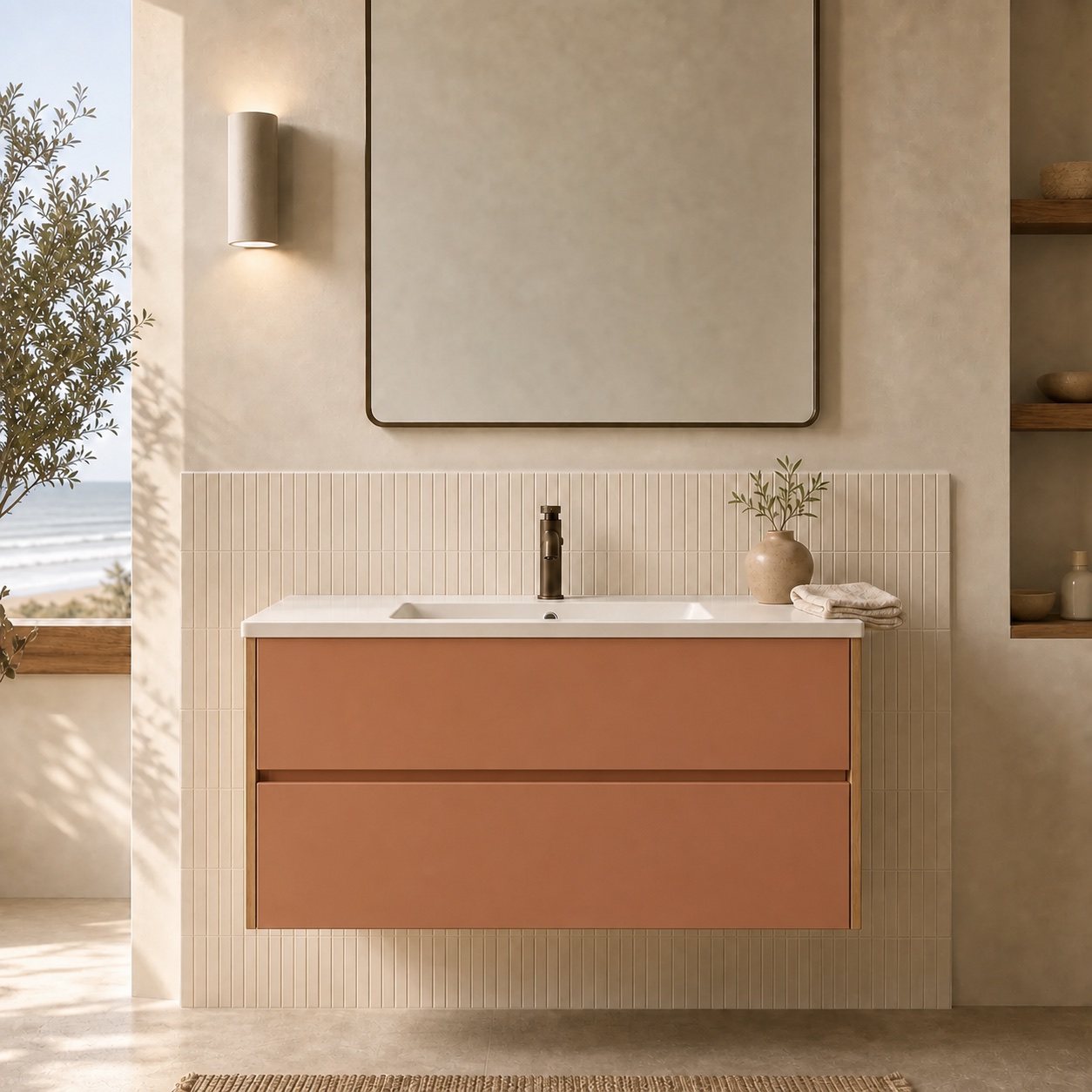 Velora concept — 100 cm vanity with Seda Terracotta drawer fronts and Veta Miel side panels