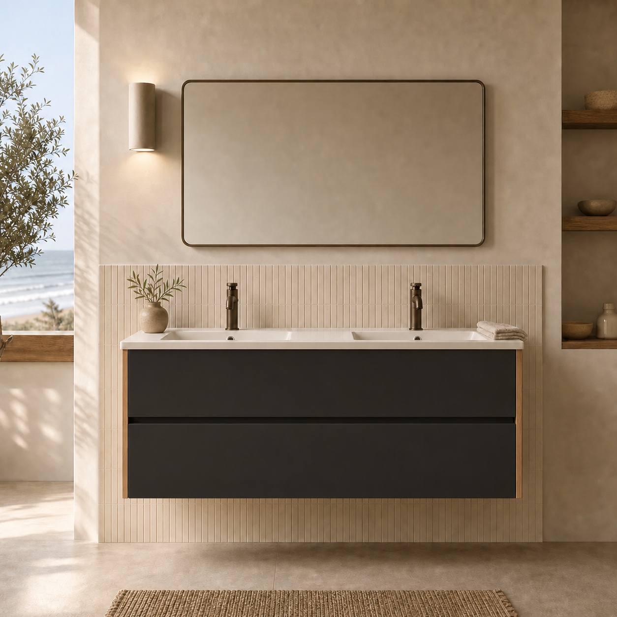 Velora concept — 120 cm double vanity with Seda Ink drawer fronts and Veta Miel side panels