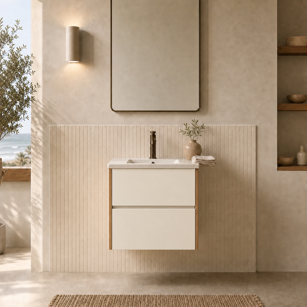 Velora concept — compact 60 cm vanity with Seda Chalk drawer fronts and Veta Miel side panels