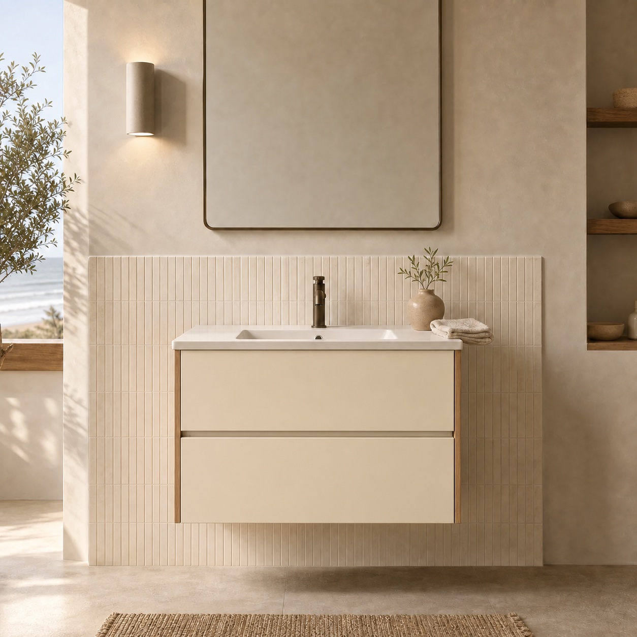 Velora concept — 80 cm vanity with Seda Sand drawer fronts and Veta Miel side panels